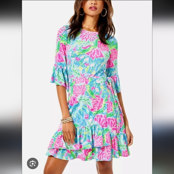 Lilly Pulitzer Kassie Wrap Ruffle Dress Women's M Blue Bunny Business Zanzibar